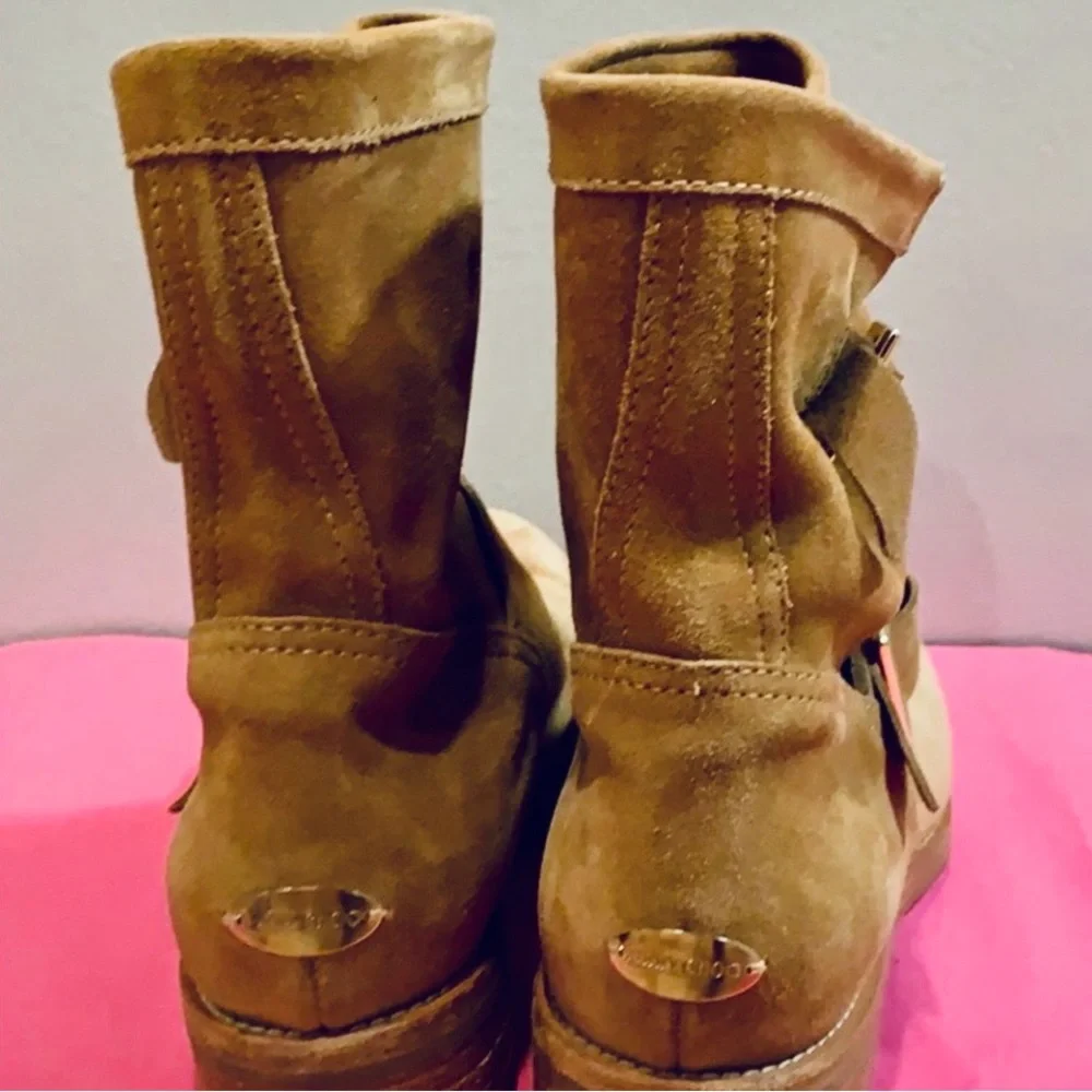 Jimmy Choo Tan Suede Moto Biker Buckled Boots Size 38 - Picture 3 of 6